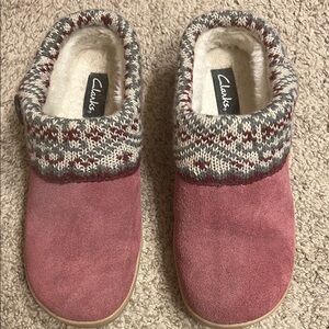Clarks Pink Suede Knit Cuff Slippers